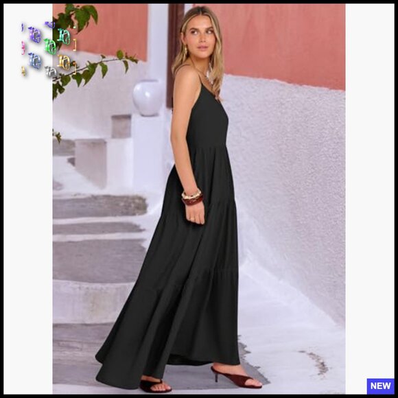 Boho Maxi Dress Oversized Tiered Flowy Summer Casual Spaghetti Strap Sundress - Picture 4 of 7